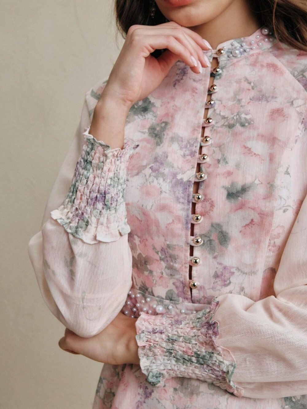 Pink Elegant Women's Floral Ombre Print Mandarin Collar Long Sleeve Dress - Picture 5 of 7
